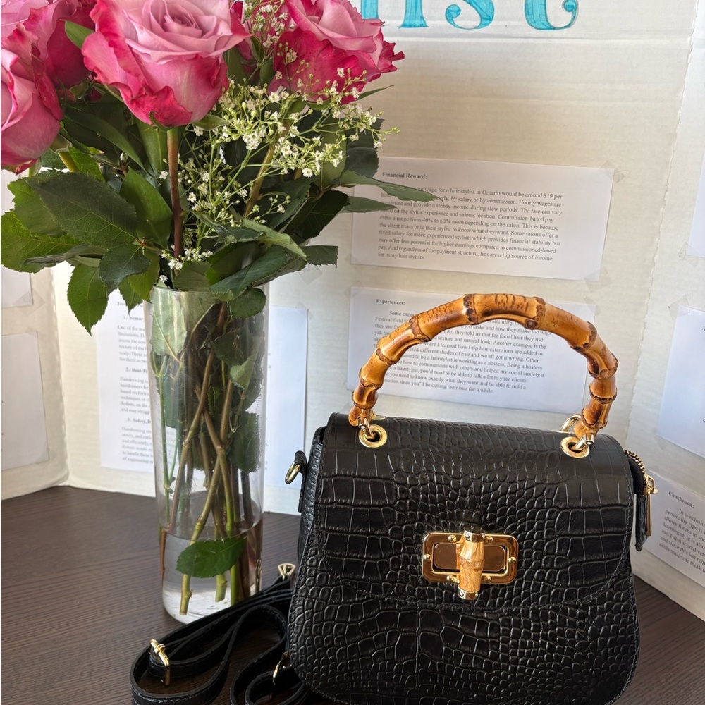 Black Croc-Embossed Handbag with Bamboo Handle
